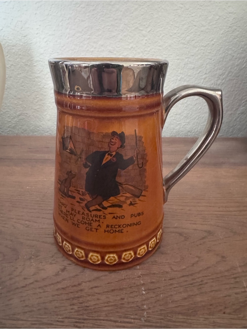 Vintage Ceramic Tankard Mug with Silver Rim - Brown & Silver